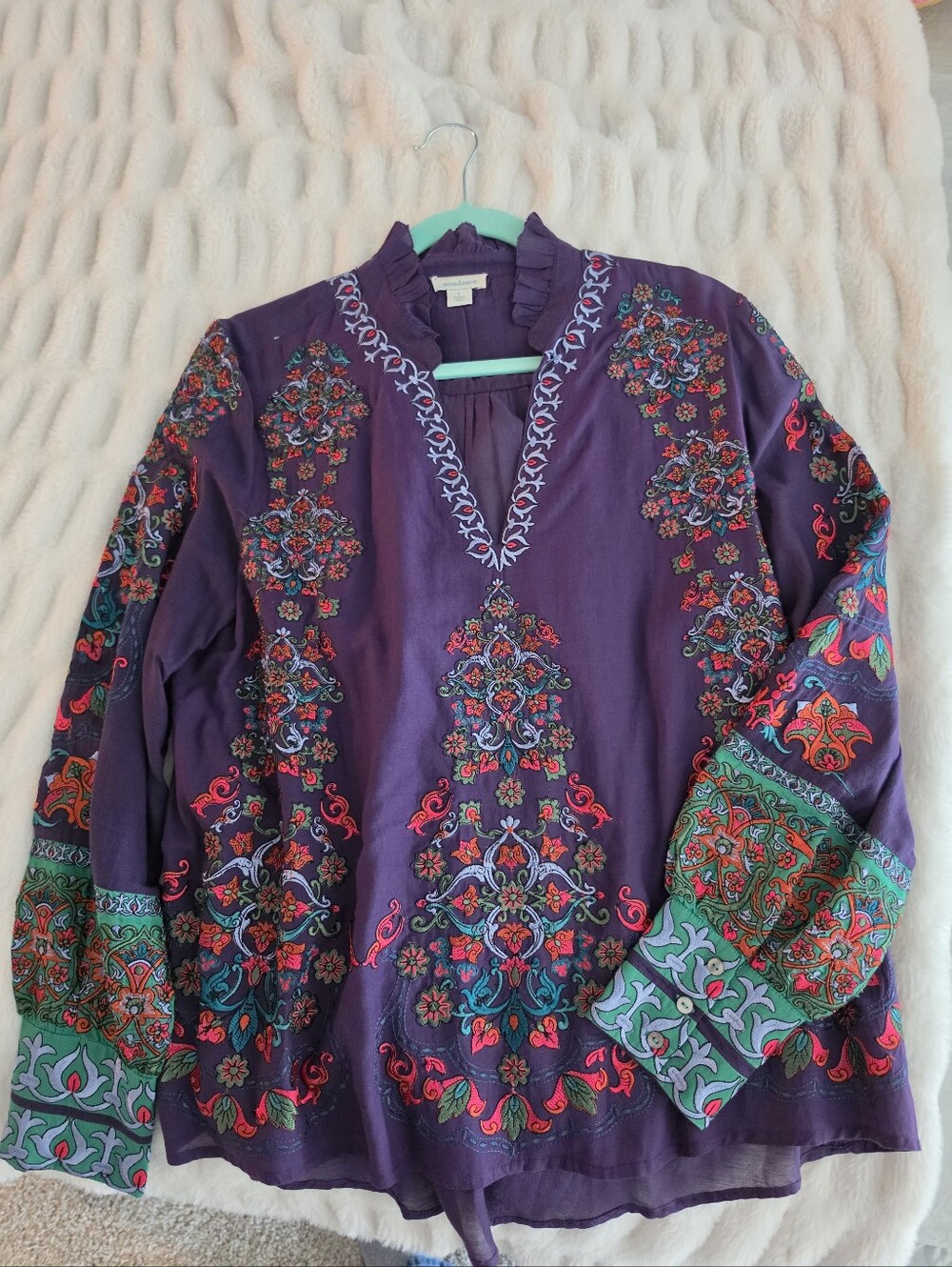 Sundance Purple Embroidered Boho Blouse with Teal & Red Accents